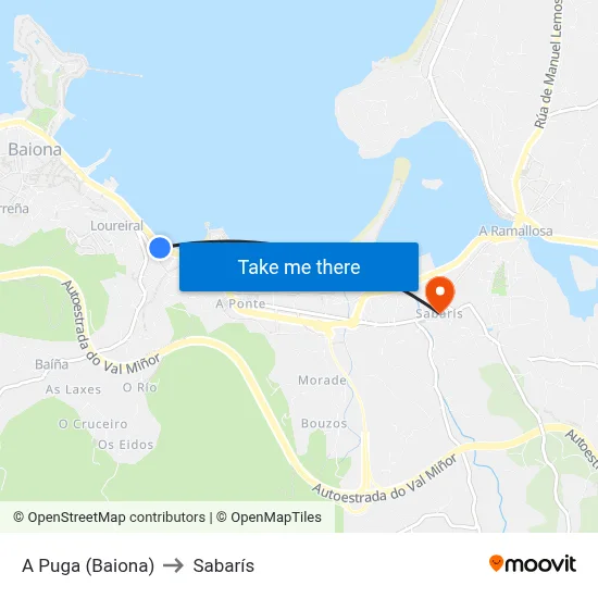 A Puga (Baiona) to Sabarís map