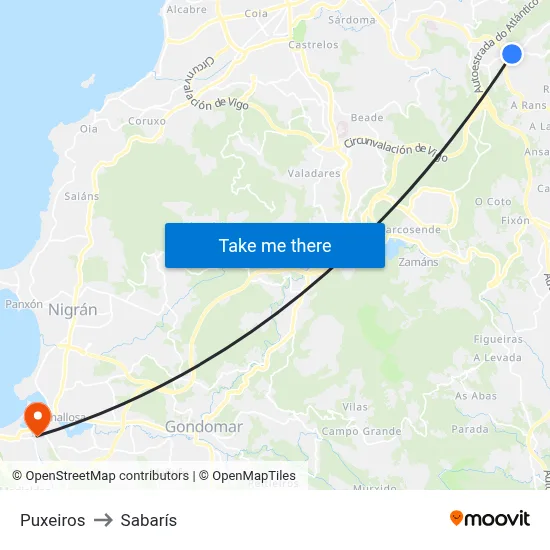Puxeiros to Sabarís map