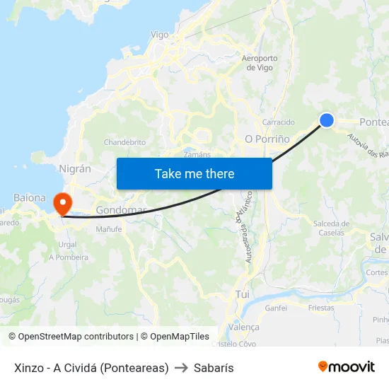Xinzo - A Cividá (Ponteareas) to Sabarís map