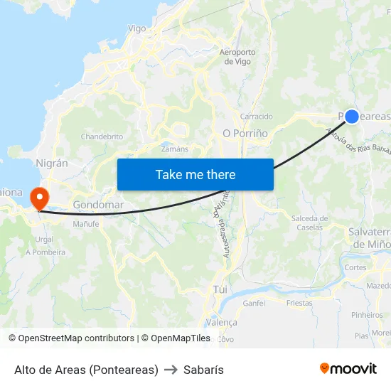 Alto de Areas (Ponteareas) to Sabarís map