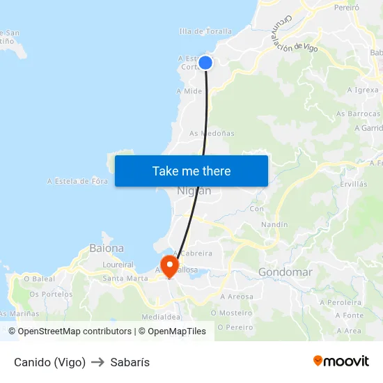 Canido (Vigo) to Sabarís map