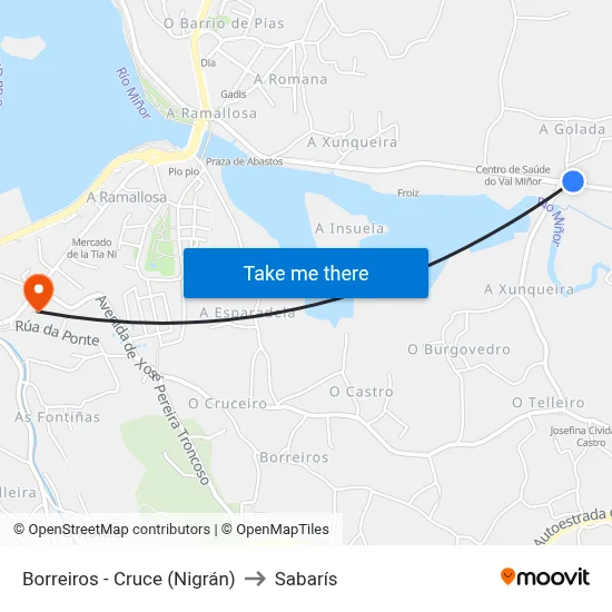 Borreiros - Cruce (Nigrán) to Sabarís map