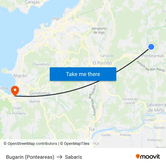 Bugarín (Ponteareas) to Sabarís map