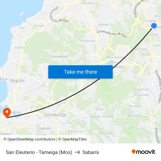 San Eleuterio - Tameiga (Mos) to Sabarís map
