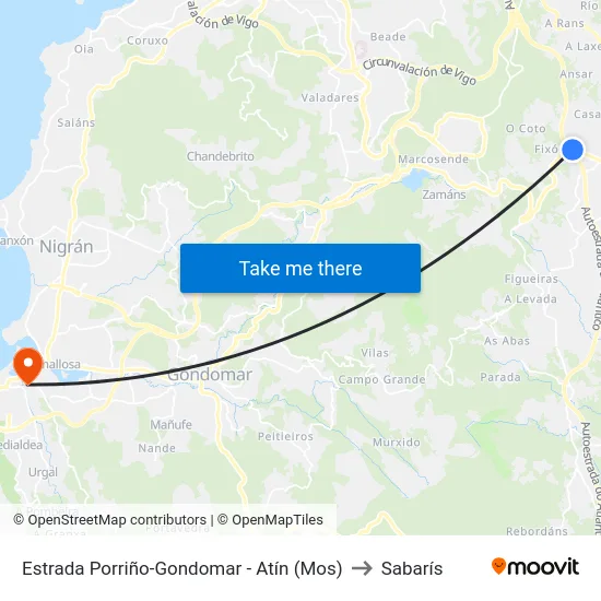 Estrada Porriño-Gondomar - Atín (Mos) to Sabarís map