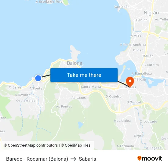 Baredo - Rocamar (Baiona) to Sabarís map