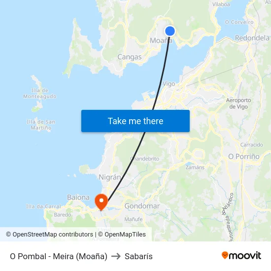 O Pombal - Meira (Moaña) to Sabarís map