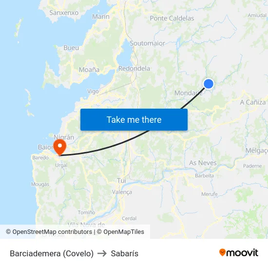 Barciademera (Covelo) to Sabarís map