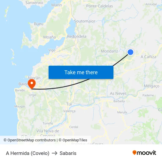 A Hermida (Covelo) to Sabarís map