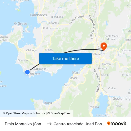 Praia Montalvo (Sanxenxo) to Centro Asociado Uned Pontevedra map