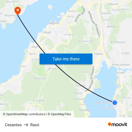 Cesantes to Raxó map
