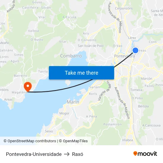 Pontevedra-Universidade to Raxó map