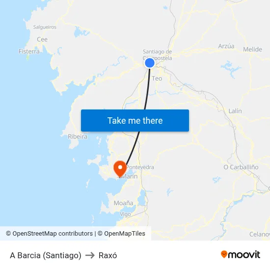 A Barcia (Santiago) to Raxó map