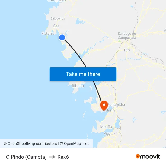 O Pindo (Carnota) to Raxó map