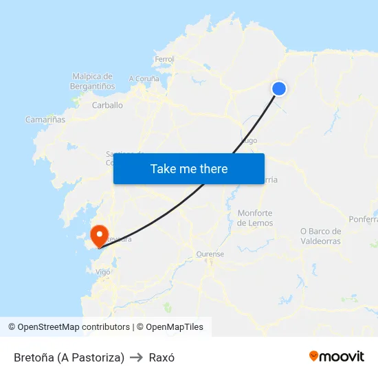 Bretoña (A Pastoriza) to Raxó map