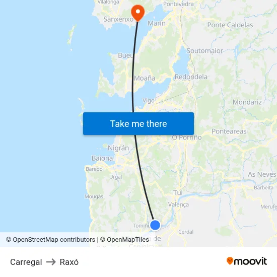 Carregal to Raxó map