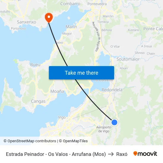 Estrada Peinador - Os Valos - Arrufana (Mos) to Raxó map