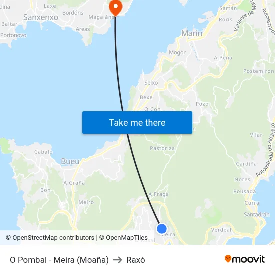 O Pombal - Meira (Moaña) to Raxó map