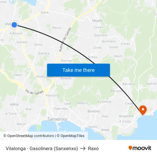 Vilalonga - Gasolinera (Sanxenxo) to Raxó map