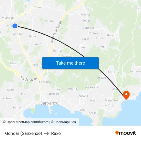 Gondar (Sanxenxo) to Raxó map