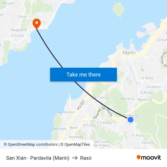 San Xián - Pardavila (Marín) to Raxó map