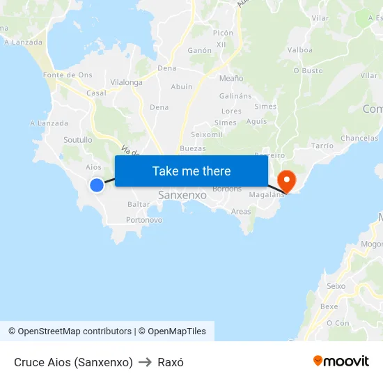 Cruce Aios (Sanxenxo) to Raxó map