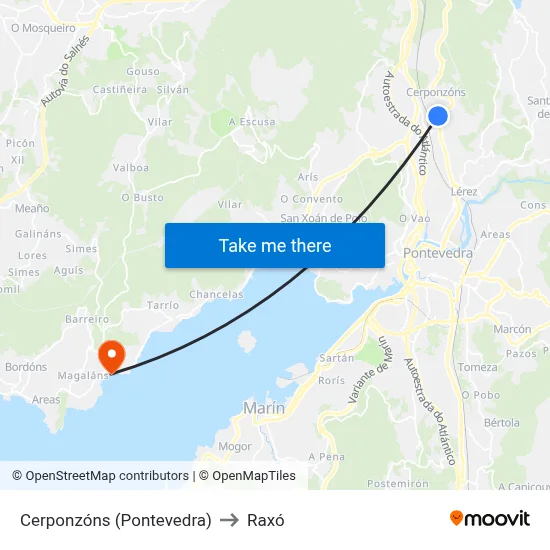 Cerponzóns (Pontevedra) to Raxó map