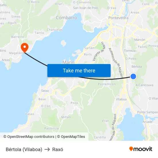 Bértola (Vilaboa) to Raxó map