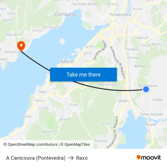 A Canicouva (Pontevedra) to Raxó map