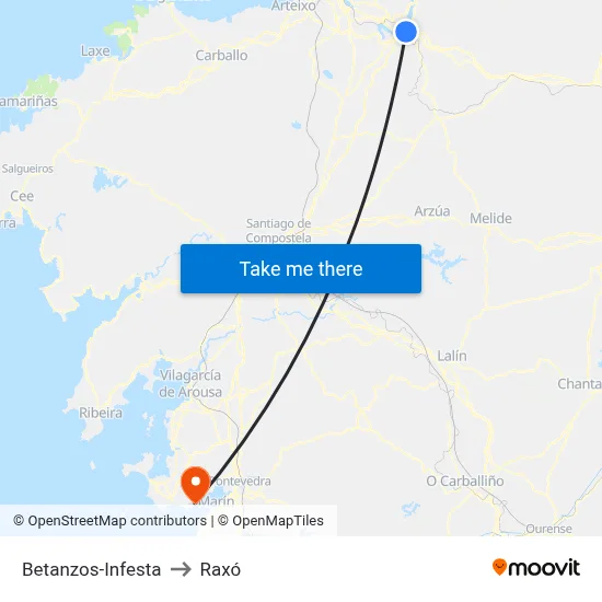 Betanzos-Infesta to Raxó map