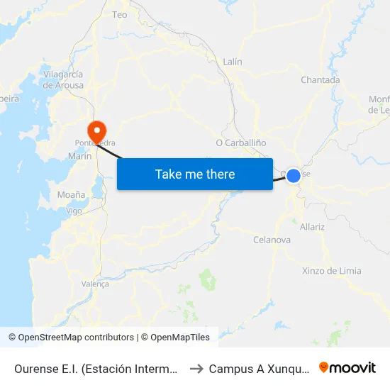 Ourense E.I. (Estación Intermodal) to Campus A Xunqueira map