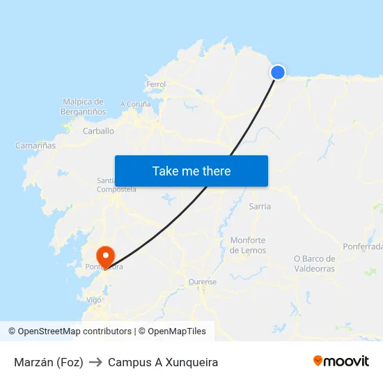 Marzán (Foz) to Campus A Xunqueira map