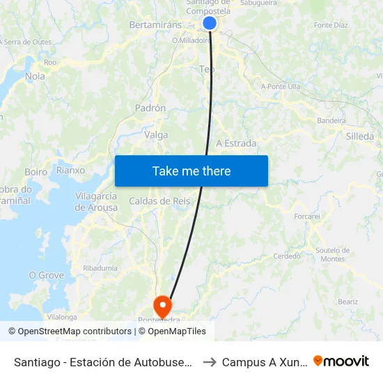 Santiago - Estación de Autobuses Intermodal to Campus A Xunqueira map