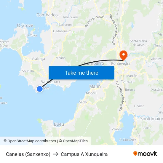 Canelas (Sanxenxo) to Campus A Xunqueira map