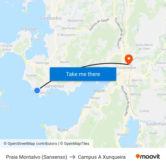 Praia Montalvo (Sanxenxo) to Campus A Xunqueira map