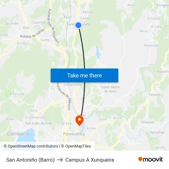 San Antoniño (Barro) to Campus A Xunqueira map