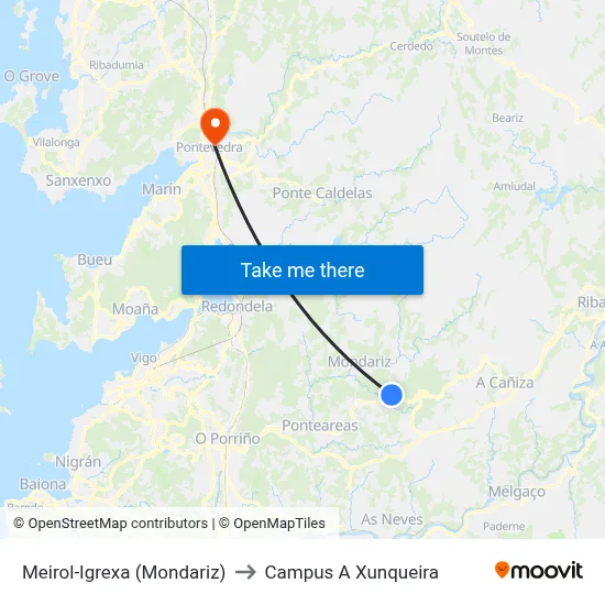 Meirol-Igrexa (Mondariz) to Campus A Xunqueira map