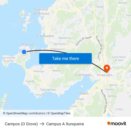 Campos (O Grove) to Campus A Xunqueira map