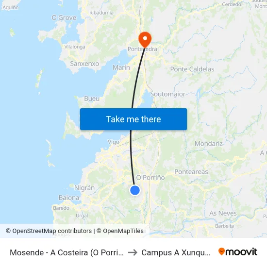 Mosende - A Costeira (O Porriño) to Campus A Xunqueira map