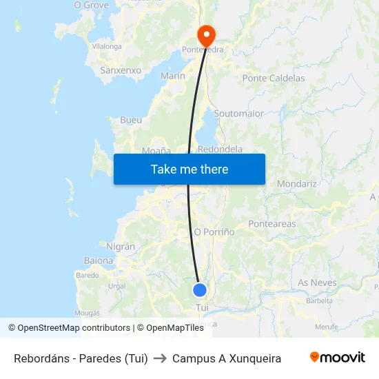 Rebordáns - Paredes (Tui) to Campus A Xunqueira map