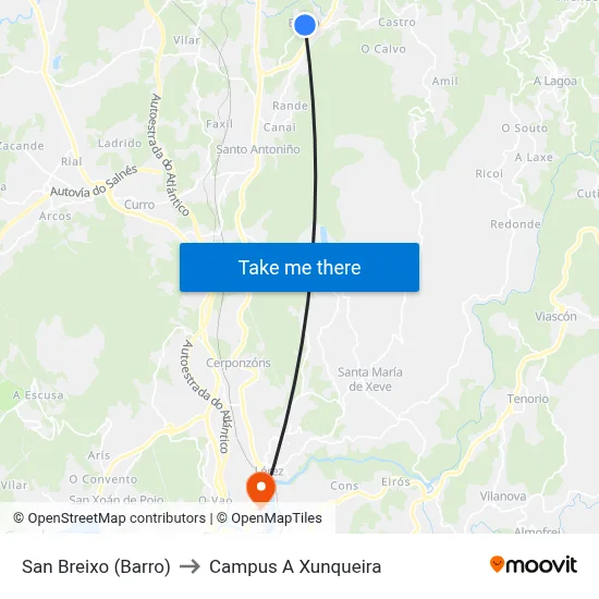 San Breixo (Barro) to Campus A Xunqueira map