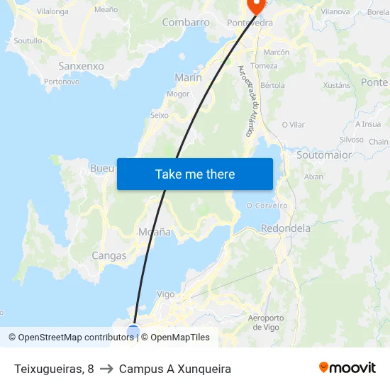 Teixugueiras, 8 to Campus A Xunqueira map