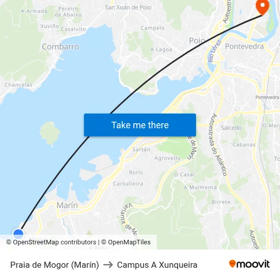 Praia de Mogor (Marín) to Campus A Xunqueira map