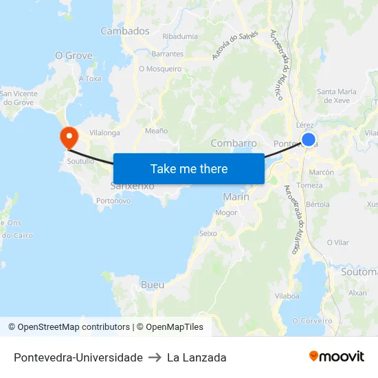 Pontevedra-Universidade to La Lanzada map
