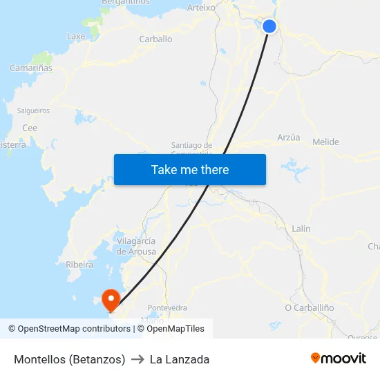 Montellos (Betanzos) to La Lanzada map