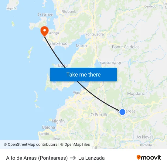 Alto de Areas (Ponteareas) to La Lanzada map