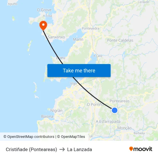 Cristiñade (Ponteareas) to La Lanzada map