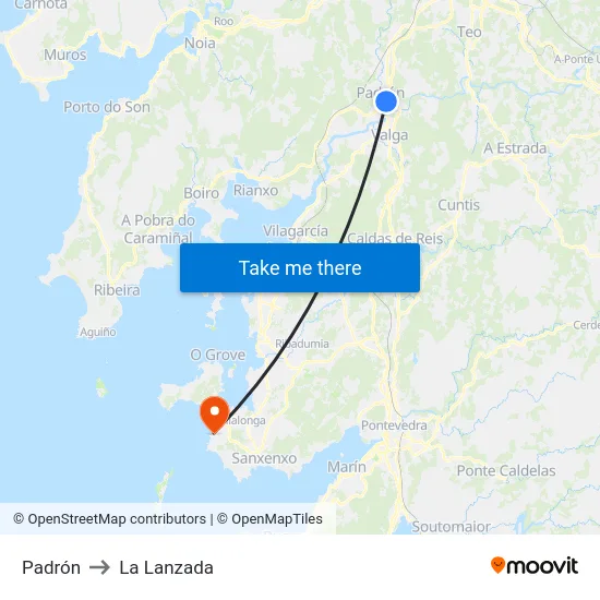 Padrón to La Lanzada map