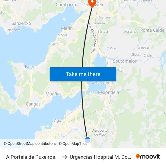 Puxeiros to Urgencias Hospital M. Dominguez map