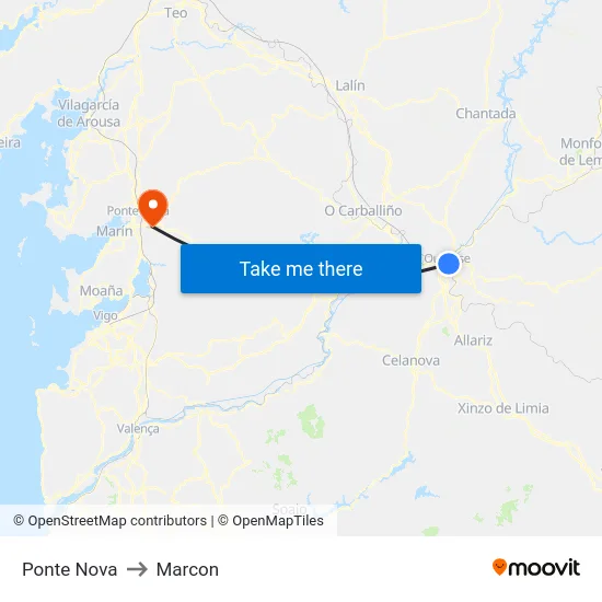 Ponte Nova to Marcon map